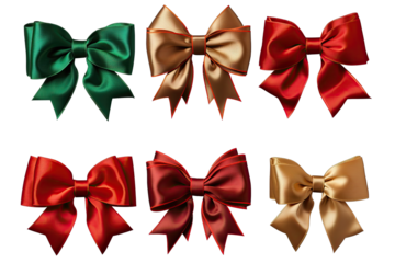 a series of luxurious satin bows in rich colors like green, gold, and red, each impeccably shaped, transparent PNG