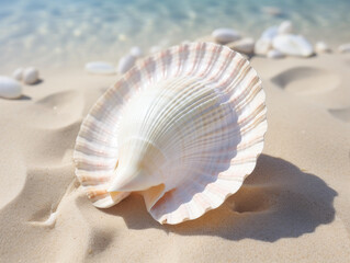 Fototapeta na wymiar Close-up of a single, pristine seashell on a sandy beach.