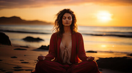 Horizontal illustration with a young woman meditating on the beach at the sunset. For covers, backgrounds, banners and other projects about yoga, meditation and a healthy lifestyle.