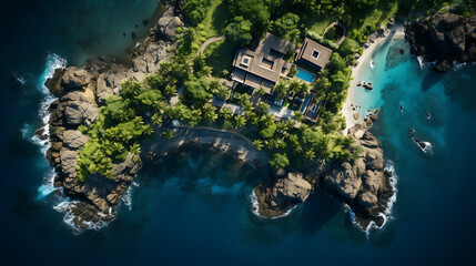 Vista aerea de una isla con una casa de lujo