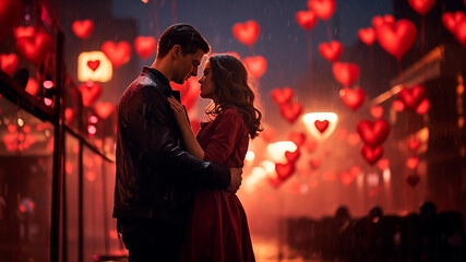 Beautiful young couple kissing in winter weather outdoors, enjoying spending time together while celebrating Saint Valentine's Day and air balloons in shape of heart on the background.