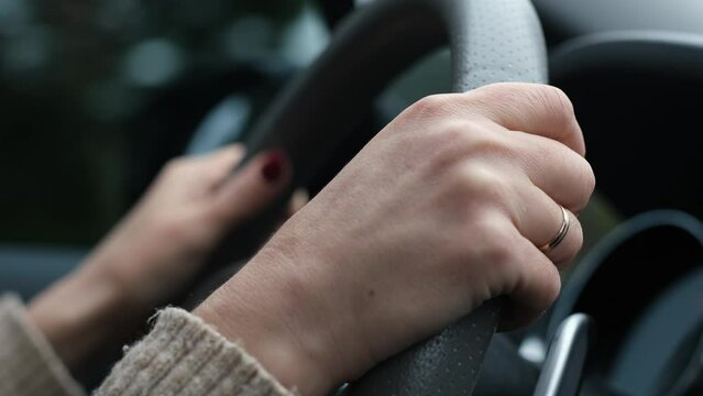 Female Hands On A Steering Wheel, Girl Driving A Car