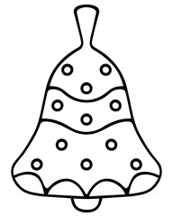 Christmas bell. Sketch. Vector illustration. Doodle style. The musical instrument is decorated with waves and circles. Coloring book for children. Outline on isolated background.