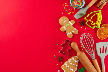 Creating festive desserts concept. Top view photo of cookies, candies, pastry tools, baking molds,...