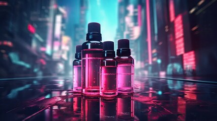 a vivid cyberpunk scene with peppermint essential oil bottles arranged on a sleek modern surface, blending Indian cultural elements.