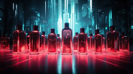 a vivid cyberpunk scene with peppermint essential oil bottles arranged on a sleek modern surface, blending Indian cultural elements.