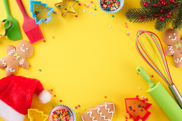 Concept of preparing Christmas sweets. Top view shot of gingerbread cookies, candies, baking utensils, baking pans, santa hat, fir twigs, stars on yellow background with ad space