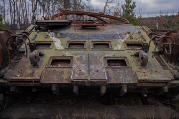 Fototapeta na wymiar Dmytrivka, Ukraine - November 18, 2023: a tank with a russian swastika 