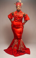 Beautiful African bride dressed in Benin tribal attire.