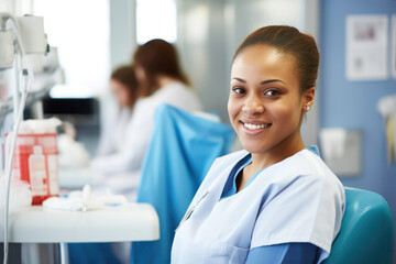 A smiling young african american nurse wait a volunteers donor in a modern clinic for a blood collection. World donor day concept, national blood donor month