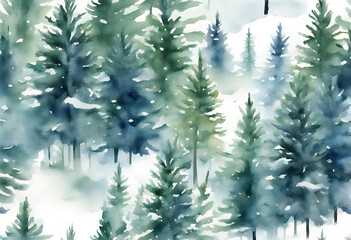 Beautiful watercolor illustration of coniferous forest, christmas fir, winter nature, holiday background, conifer, snow, isolated on white background - obrazy, fototapety, plakaty