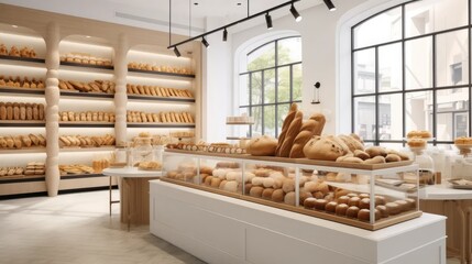 Fototapeta na wymiar a French style bakery, focusing on modern minimalist design elements, the store's contemporary and fashionable style, with a thematic display of artisanal bread as a centerpiece.