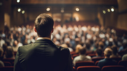 A speaker giving a lecture to an audience in an auditorium, seen from behind, emphasizing the seminar's engaging atmosphere. - obrazy, fototapety, plakaty