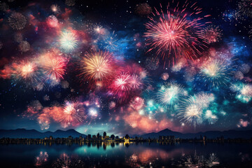 Fototapeta na wymiar A mosaic of colorful fireworks lighting up the night sky, symbolizing the beauty and excitement of the new year. Concept of dazzling celebrations. Generative Ai.