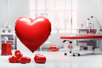 Heart and red blood cells against the background of a modern light medical clinic. Creative concept World donor day, national blood donor month