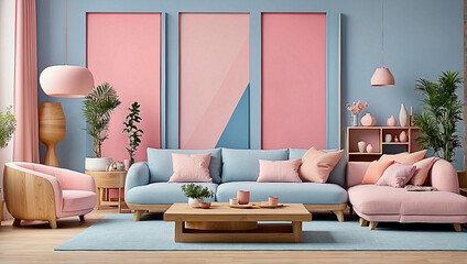 A modern living room filled with furniture and decorated in pastel pink and blue. AI generated.