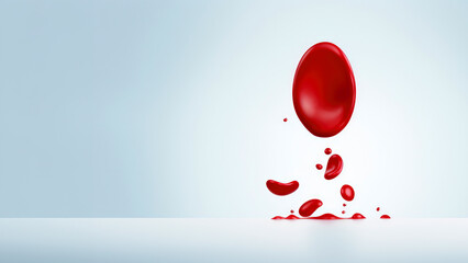 Red blood cells and blood drops flying and floating in air on a light blue background. Creative concept World donor day, national blood donor month. Banner, copy space