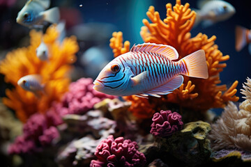 Fototapeta na wymiar Underwater tropical aquatic colored aquarium fish nature animal exotic water ocean