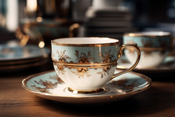 A set of elegant porcelain teacups and saucers arranged on a tabletop, representing refined tea culture. Concept of sophisticated tea enjoyment. Generative Ai.