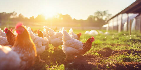 Chicken farm free range pastured birds. Sustainable poultry farming concept - obrazy, fototapety, plakaty