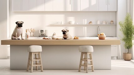 adorable puppies engaging in amusing activities within a modern minimalist kitchen.