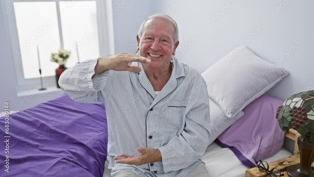 Wall mural Big, bright moments, cheerful senior man in pyjamas gesturing large size symbol, showing scale masterpiece right from his comfortable bedroom.