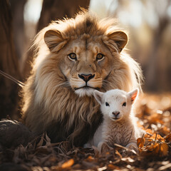 Lion with lamb in autumn forest