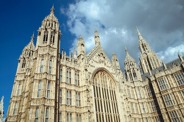 Fototapeta na wymiar Facade of St Stephen's hall, part of Palace of Westminster in London, view from Old Palace Yard, UK