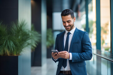 Happy young Latin business man executive, businessman manager standing in office holding smartphone using mobile cell phone managing digital apps on cellphone at work - obrazy, fototapety, plakaty