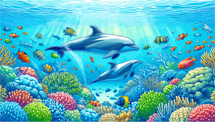 Vector illustration. Dolphins under water at the coral reef with exotic fishes. Underwater world of the ocean. Algae, corals and sea anemones on the seabed.