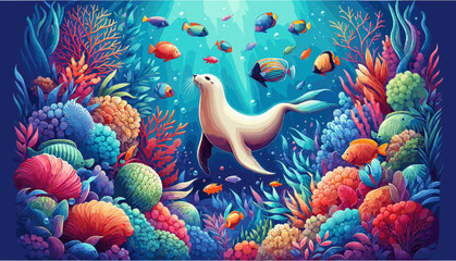 Vector illustration. Seal under water at the coral reef
with exotic fishes. Underwater world of the ocean.
Algae, corals and sea anemones on the seabed.