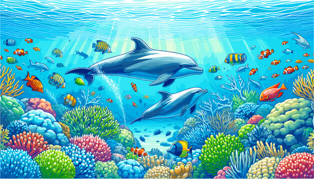 Vector Illustration. Dolphins Under Water At The Coral Reef With Exotic Fishes. Underwater World Of The Ocean. Algae, Corals And Sea Anemones On The Seabed.