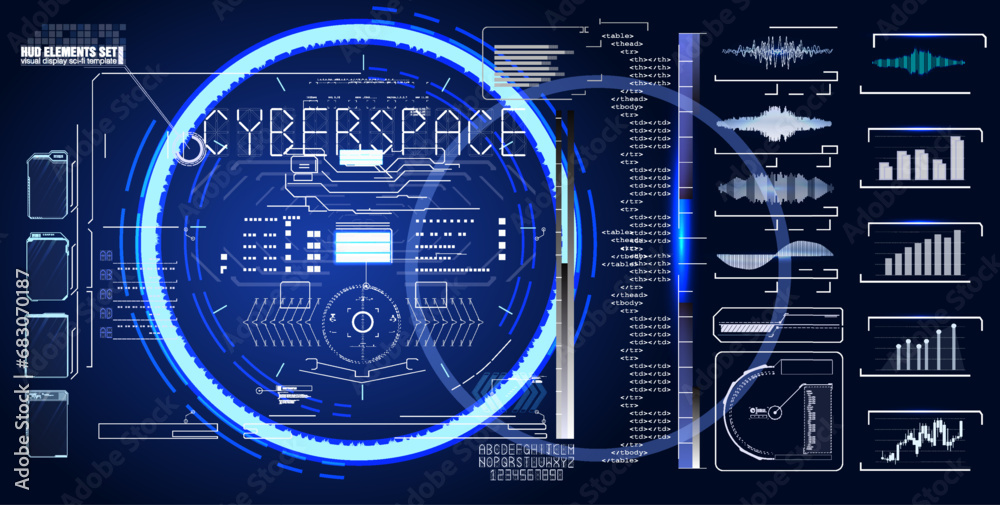 Poster futuristic cyberspace interface vector image featuring various data visualizations, graphs, and char