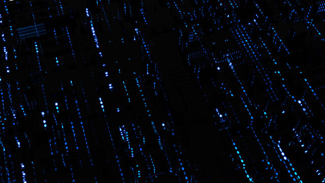 Großstadt bei Nacht mit schwarzen Bauwerken und blauen Lichter, Kommunikation, modern, futuristisch, Transfer, Internet, Leben, leuchten, Daten, Freisteller, Business, Hochhaus, Silhouetten, Gebäude