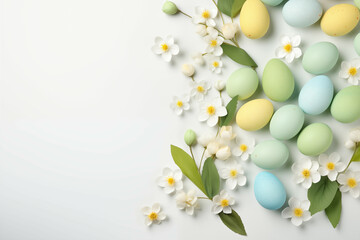 Serene Easter Celebration: Pastel Eggs and White Flowers on Minimalist Backdrop