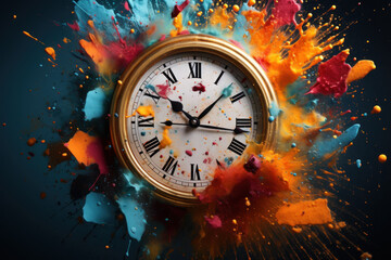 A burst of colorful paint splatters forming a clock face, each droplet representing a unique moment in time. Concept of artistic temporal expression. Generative Ai.