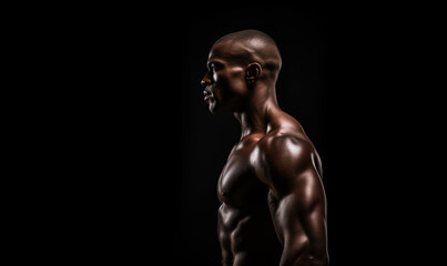 Fototapeta na wymiar Studio shot of muscular man posing. Shirtless male african model with muscular build. Side view of fit young american african man. Muscular young man against a black background with copy space. 