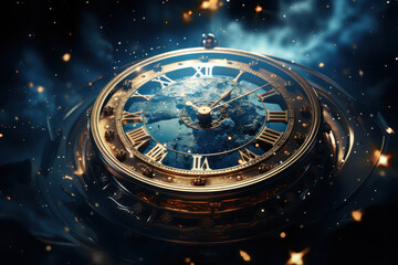 A celestial scene with stars arranged in the shape of a clock, showcasing the cosmic dance of time. Concept of time in the universe. Generative Ai.