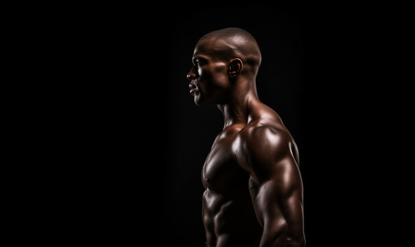 Studio shot of muscular man posing. Shirtless male african model with muscular build. Side view of fit young american african man. Muscular young man against a black background with copy space. 