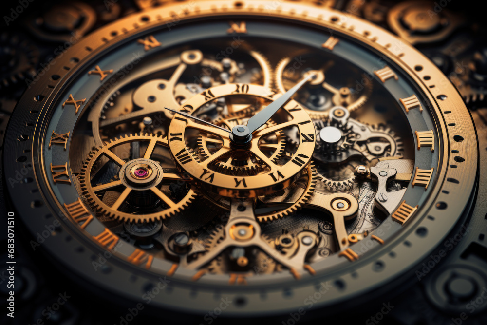 Poster a clock face comprised of interconnected gears and clockwork mechanisms, emphasizing the precision a