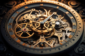 A clock face comprised of interconnected gears and clockwork mechanisms, emphasizing the precision and coordination of time. Concept of temporal machinery. Generative Ai.