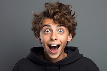 teenager surprised and delighted studio photo gray background