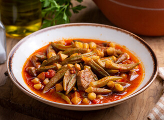 Bamya, Turkish traditional food. (Turkish cuisine) Homemade Food Okra in Plate. Organic Food.