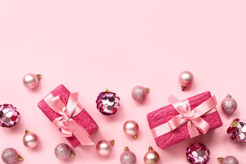 Christmas tree balls with gifts on pink background