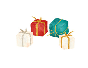 birthday presents in different colors with small, golden ribbon