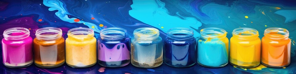 A row of jars filled with different colored paint. Generative AI. - Powered by Adobe