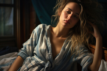Naklejka premium Pajamas and disheveled hair, the uniform of the sleep-deprived. Generative Ai.