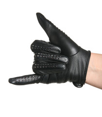 Female hand in black leather glove showing "call me" gesture on white background, closeup