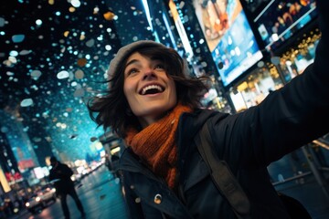 mpressed by the trip, the girl takes a selfie against the backdrop of the lights of the evening big city