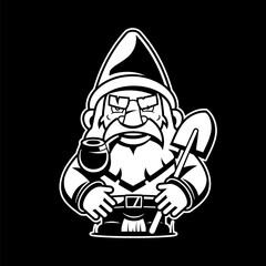 Cute cartoon gnome is reading a huge book. Vector illustration isolated